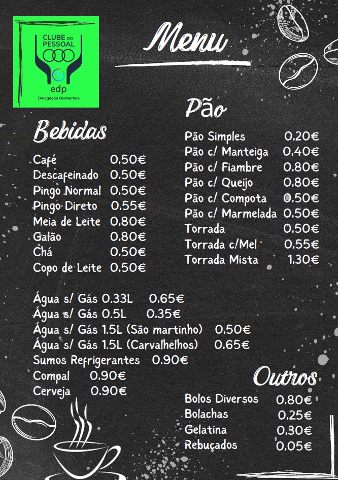 Tabela de Preços do Bar do Clube do Pessoal EDP Guimarães